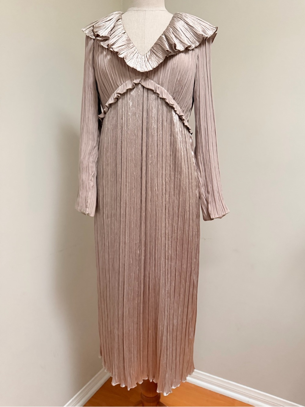 Morton Myles Vintage 80s Pleated Satin Ruffle Art Deco Dress 8 Champaign ILGWU